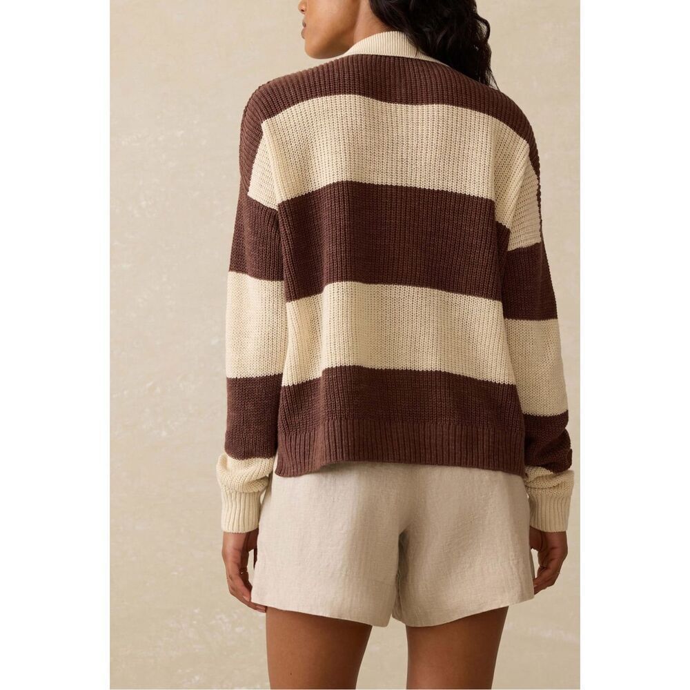 Faherty Miramar Linen Polo Sweater in Cocoa Rugby Stripe Cream, Brown Size L - Picture 2 of 12